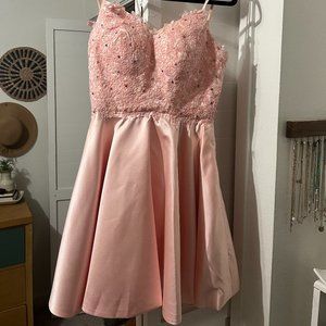 Short Satin Pink Dress with Lace